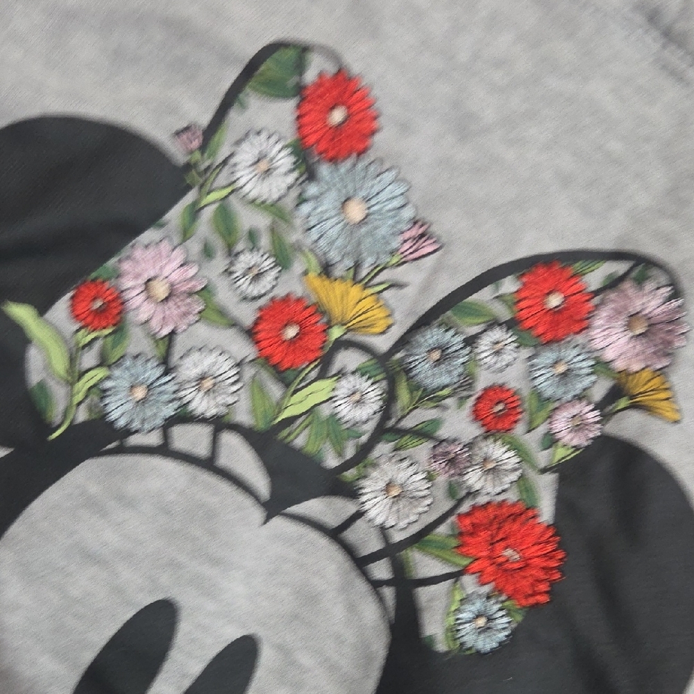 Disney Minnie Mouse Heather Gray Hoodie With Embroidered Flowers - Picture 3 of 4